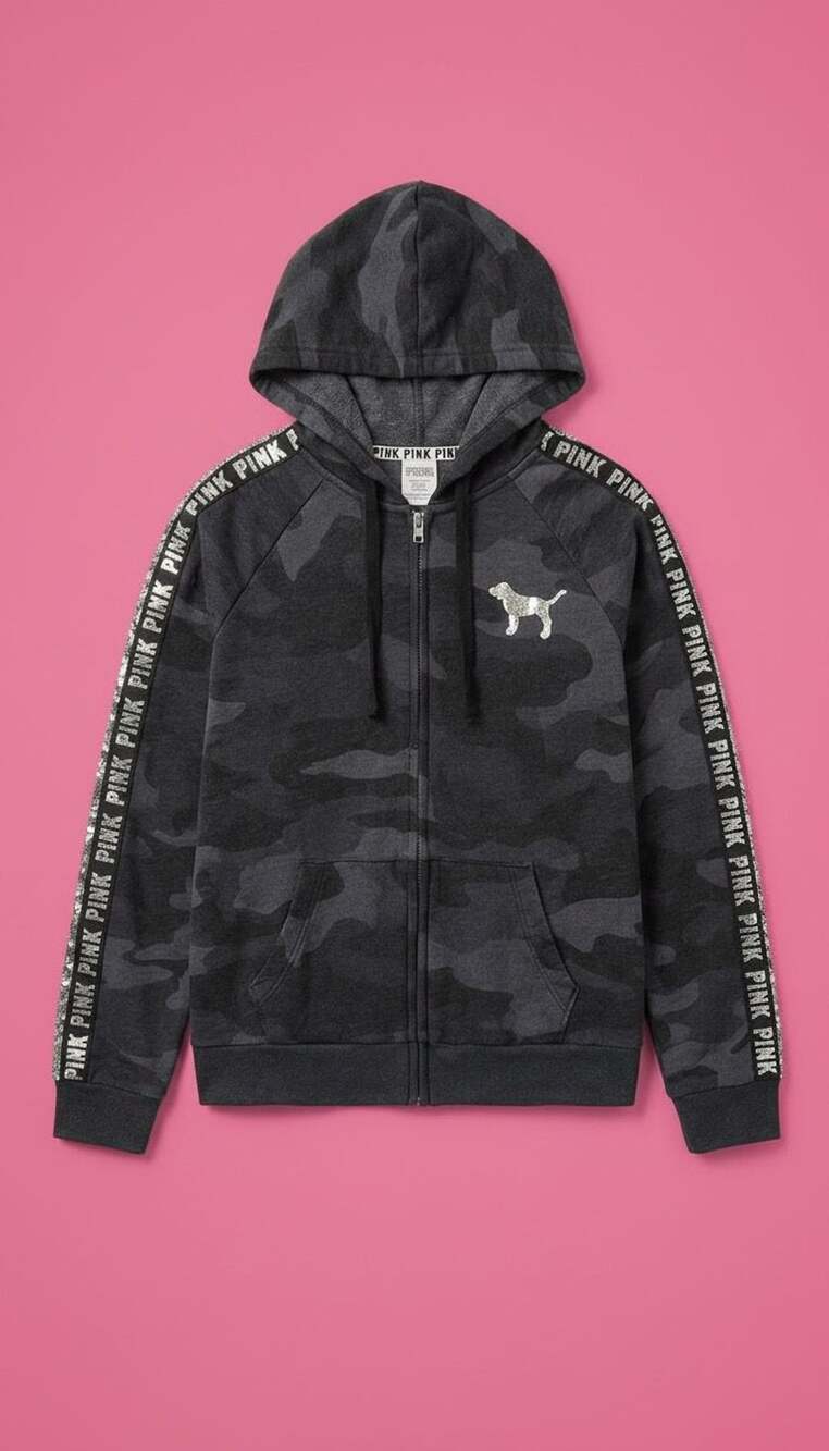 Victoria's Secret PINK Gray Camo Sequin Bling Full Zip Hoodie Size XS